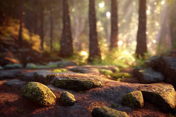 Computer generated illustration of a forest floor in spring with tree trunks in the background, moss and rocks and amber spring sunlight shining through. A.I. generated art.