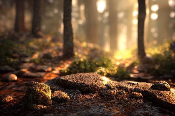 Computer generated illustration of a forest floor in spring with tree trunks in the background, moss and rocks and amber spring sunlight shining through. A.I. generated art.