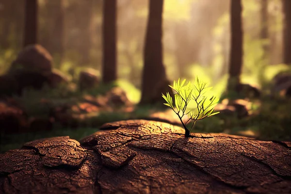 Computer generated illustration of a forest floor in spring with tree trunks in the background, moss and rocks and amber spring sunlight shining through. A.I. generated art.