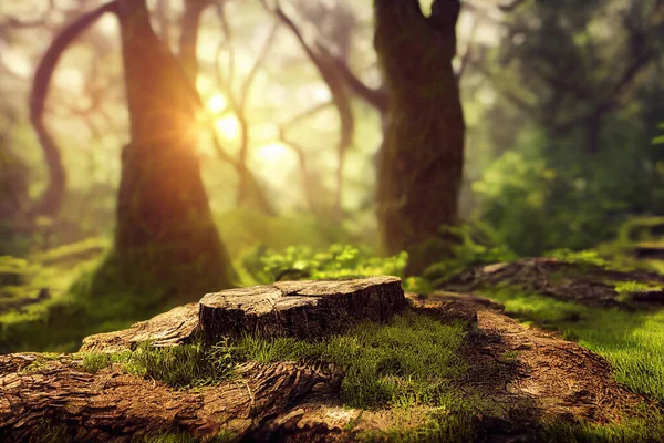 Computer generated illustration of a forest floor in spring with tree trunks in the background, moss and rocks and amber spring sunlight shining through. A.I. generated art.