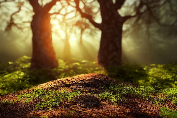 Computer generated illustration of a forest floor in spring with tree trunks in the background, moss and rocks and amber spring sunlight shining through. A.I. generated art.