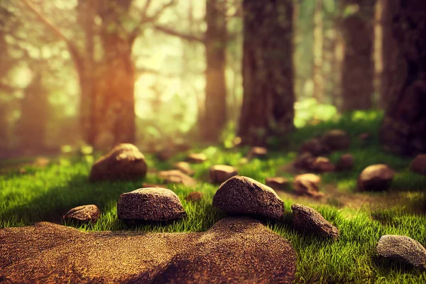 Computer generated illustration of a forest floor in spring with tree trunks in the background, moss and rocks and amber spring sunlight shining through. A.I. generated art.