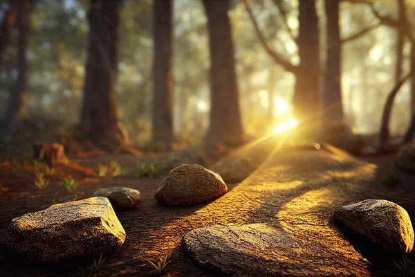 Computer generated illustration of a forest floor in spring with tree trunks in the background, moss and rocks and amber spring sunlight shining through. A.I. generated art.