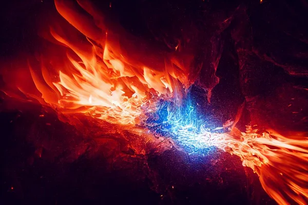 A computer generated fire and ice image depicting flames and ice together in an orange and blue abstract background. A.I. generated art.