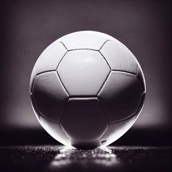 Close up 3D black & white illustration of a football against a grey background. A.I. generated art.