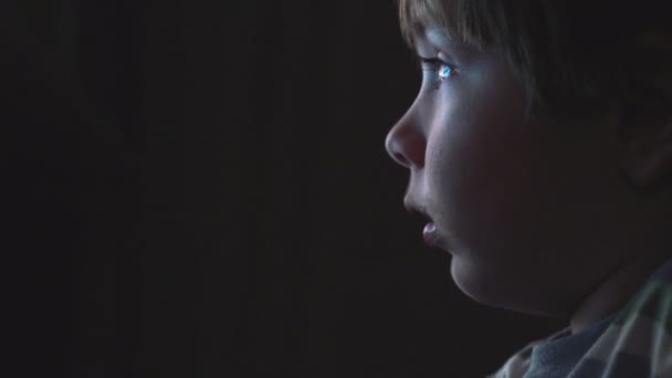 Niño viendo dibujos animados en una habitación oscura en un ordenador — Vídeo de stock