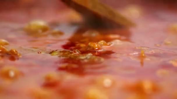 Preparing minced meat gravy sauce on a teflon pan — Stock Video