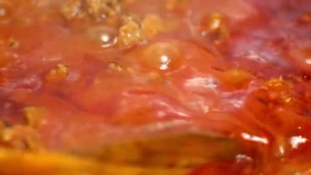 Przygotowania mielonego mięsa sos sos na patelni teflonowej — Wideo stockowe