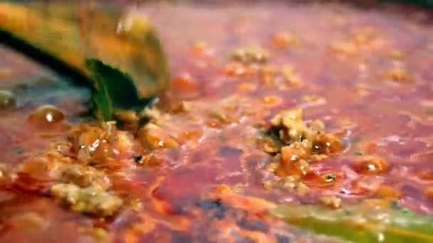 Kıyılmış et et suyu sosu üzerine bir teflon tavaya hazırlanıyor — Stok video