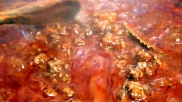 Preparazione di sugo di carne macinata su una padella di teflon — Video Stock
