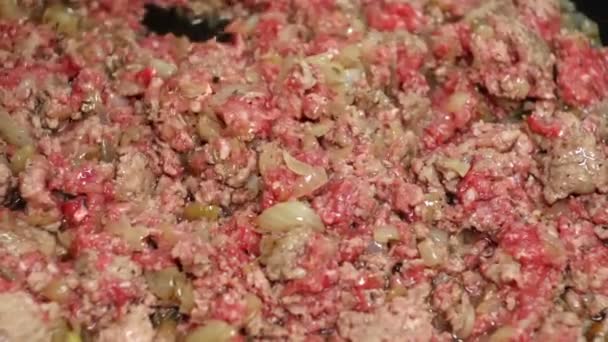 玉ねぎ、ライスとひき肉をフライパン — ストック動画