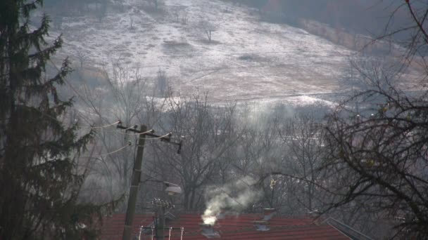 Sony FS-100 - campo en invierno, chimeneas, árboles y nieve ! — Vídeos de Stock