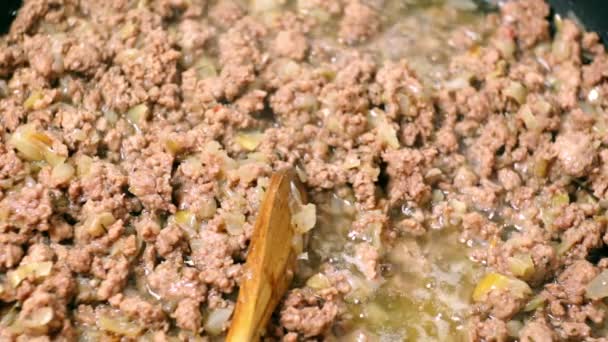 Freír carne picada con cebolla y arroz — Vídeo de stock