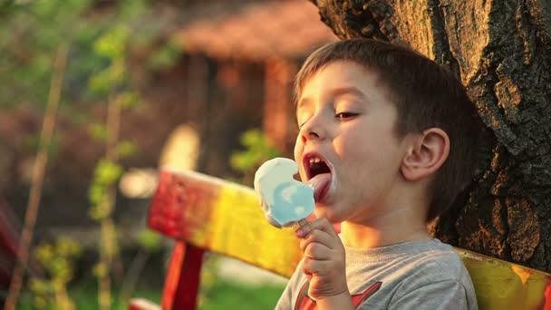 Chico lamiendo helado al atardecer — Vídeo de stock