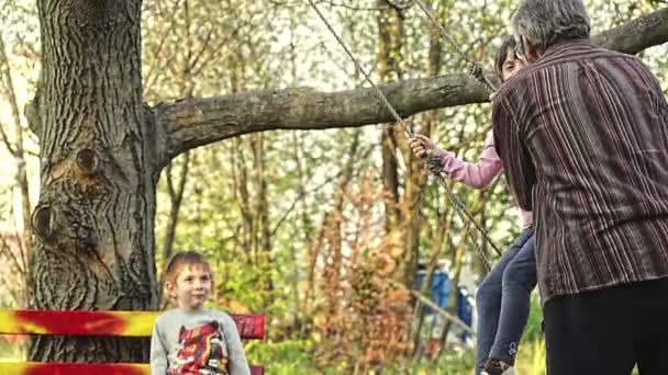 Menina balançando em um balanço de corda na natureza — Vídeo de Stock