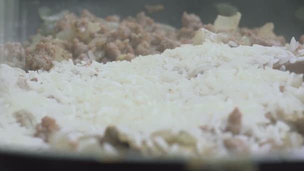 Жареное мясо с луком и рисом — стоковое видео