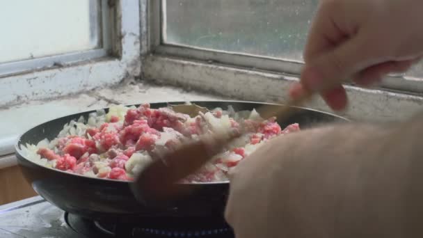 Hackfleisch mit Zwiebeln und Reis braten — Stockvideo