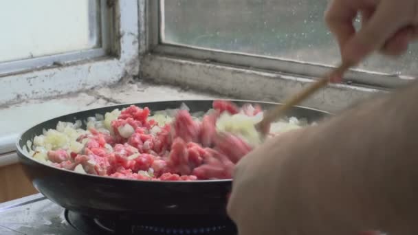 FRYING MINCED MEAT WITH ONION AND RICE — Stock Video