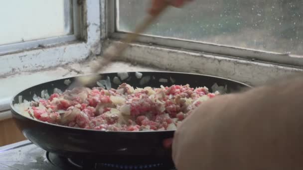 Freír carne picada con cebolla y arroz — Vídeos de Stock