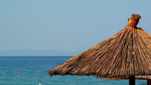 Sombrillas y mar azul — Vídeo de stock