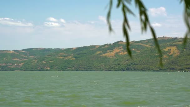 SUPER 35MM CAMERA - Peaceful look at the Danube bay from Donji Milanovac towards Romania border — Stock Video