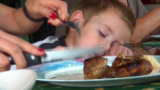 Kid sleeping at the lunch table — Stock Video