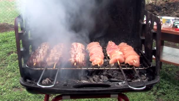 Barbecue gekookt buitenshuis, close-up — Stockvideo