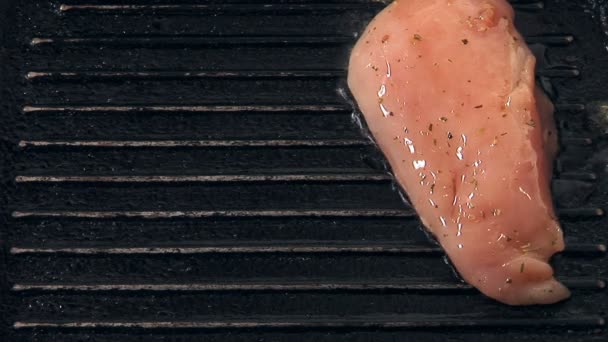 Il filetto di pollo speziato frigge su una padella — Video Stock