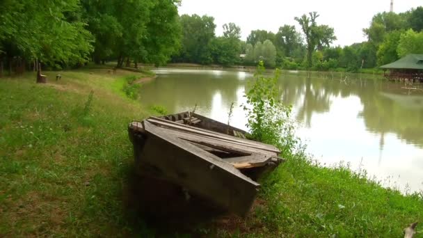 Clip tranquilo del lago. Naturaleza, al aire libre, en un hermoso día con barco de madera en la orilla — Vídeos de Stock