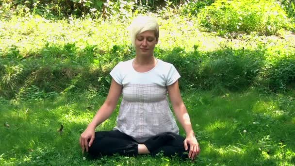 Jonge blonde vrouwen mediteren in park — Stockvideo