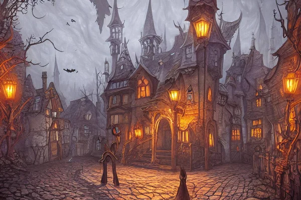 Arte Intelligenza Artificiale Halloween Illustrazione Della Città Vecchia Con Architettura — Foto Stock