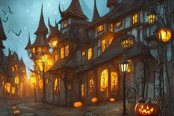 Oktober Halloween Pumpor Illustration Gamla Stan Med Byggnader Hus Gatan — Stockfoto