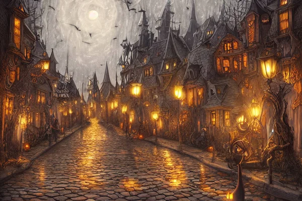 Giorno Halloween Illustrazione Della Città Vecchia Con Architettura Lanterne Strada — Foto Stock