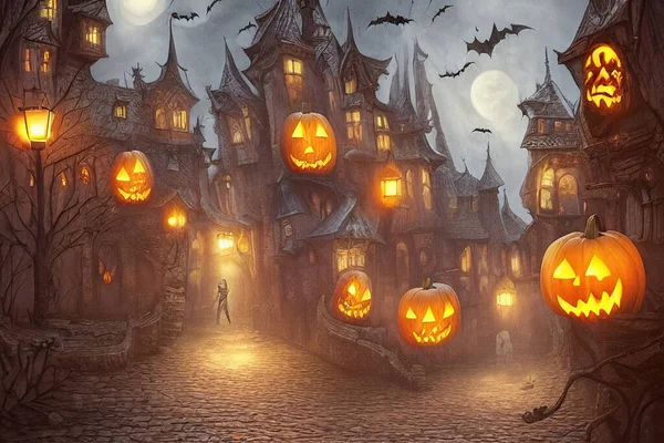 Oktober Halloween Pompoenen Illustratie Van Oude Stad Met Gebouwen Huizen — Stockfoto