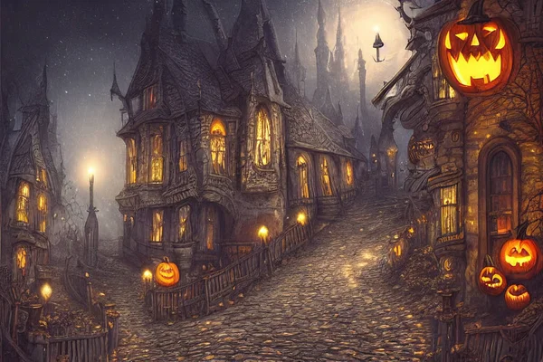 Kisváros Éjszaka Mesterséges Intelligencia Művészet Halloween Illusztráció — Stock Fotó