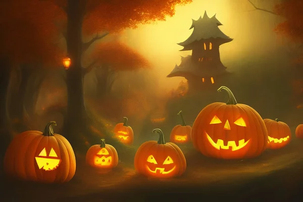 Art Artificial Intelligence Art Halloween Illustration Pumpkins Forest — 스톡 사진