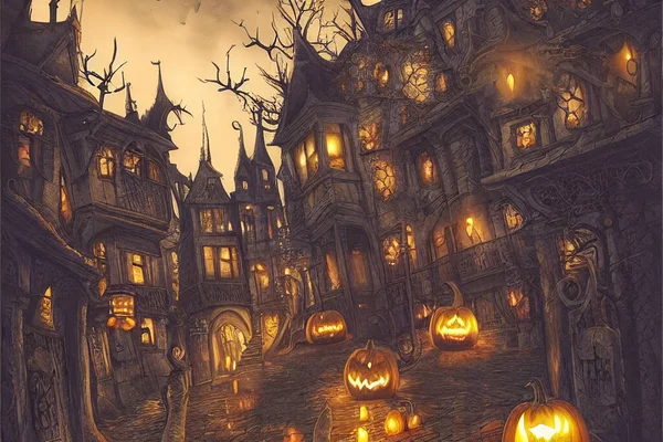 Dia Halloween Ilustração Cidade Velha Com Arquitetura Lanternas Rua — Fotografia de Stock