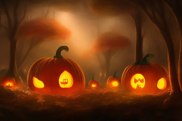 Mesterséges Intelligencia Művészet Narancs Tök Izzó Fények Halloween Illusztráció — Stock Fotó