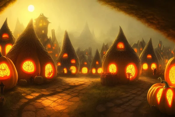 Halloween Affisch Illustration Tecknad Liten Stad Hus Med Glödande Ljus — Stockfoto