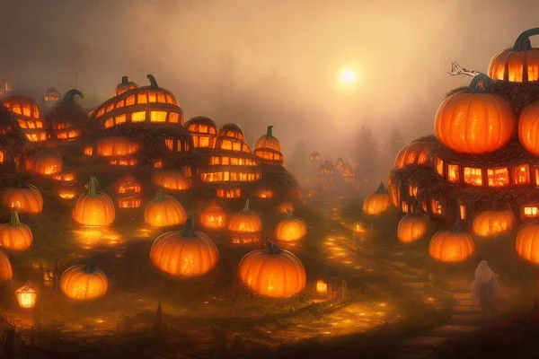 Artificial intelligence art, orange pumpkins with glowing lights, Halloween illustration