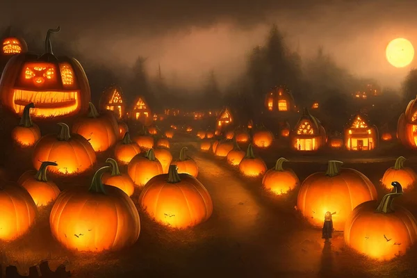 Artificial intelligence art, orange pumpkins with glowing lights, Halloween illustration