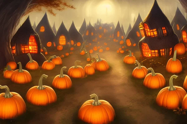 Glödande Halloween Pumpor Liten Tecknad Stad Med Hus Affisch Illustration — Stockfoto