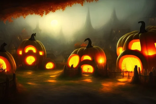 Izzó Halloween Sütőtök Kis Rajzfilm Város Házakkal Poszter Illusztráció All — Stock Fotó