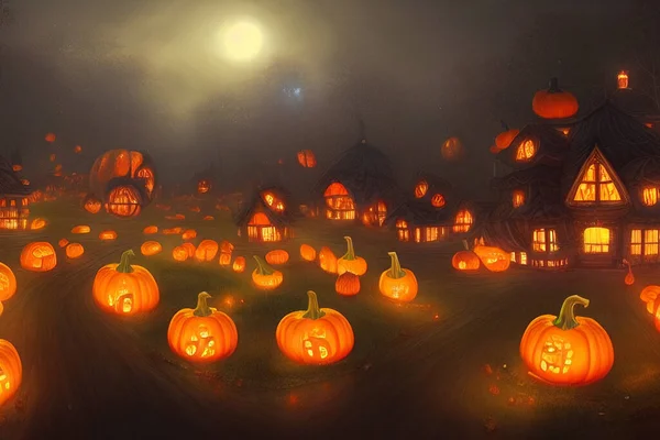 Mesterséges Intelligencia Művészet Narancs Tök Izzó Fények Halloween Illusztráció — Stock Fotó