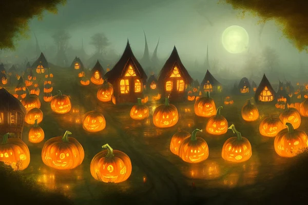 Izzó Halloween Sütőtök Kis Rajzfilm Város Házakkal Poszter Illusztráció All — Stock Fotó