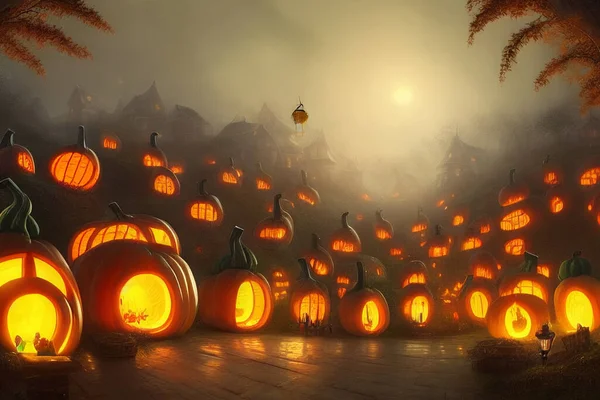 Artificial intelligence art, orange pumpkins with glowing lights, Halloween illustration
