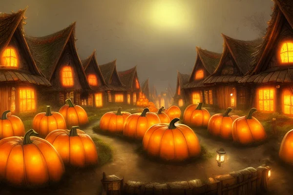 Zucche Halloween Incandescenti Nella Piccola Città Dei Cartoni Animati Con — Foto Stock