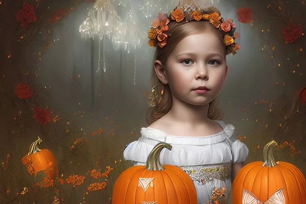 Schattig Blank Meisje Met Bloemen Het Haar Oktober Halloween Pompoenen — Stockfoto