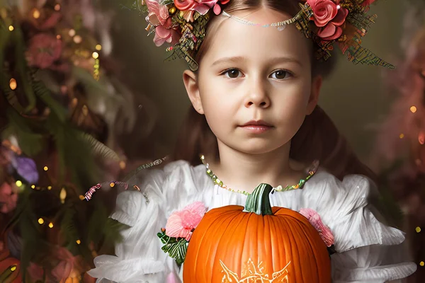 Söt Vit Flicka Med Blommor Hår Och Pumpa Halloween Artificiell — Stockfoto