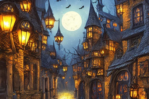 Giorno Halloween Illustrazione Della Città Vecchia Con Architettura Lanterne Strada Immagine Stock